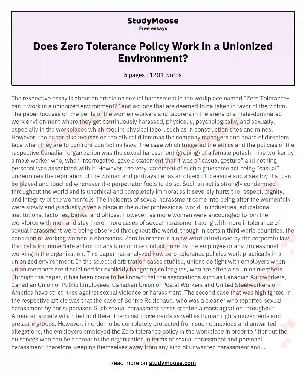 Does Zero Tolerance Policy Work in a Unionized Environment? essay