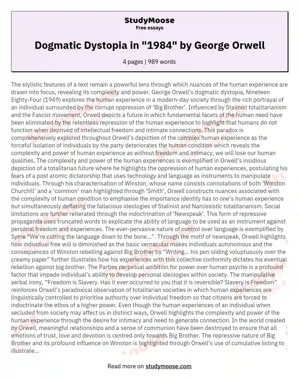 Dogmatic Dystopia in "1984" by George Orwell essay