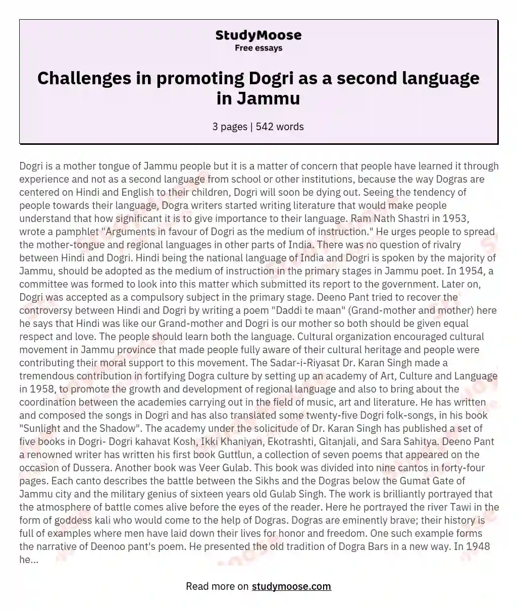 Challenges in promoting Dogri as a second language in Jammu essay