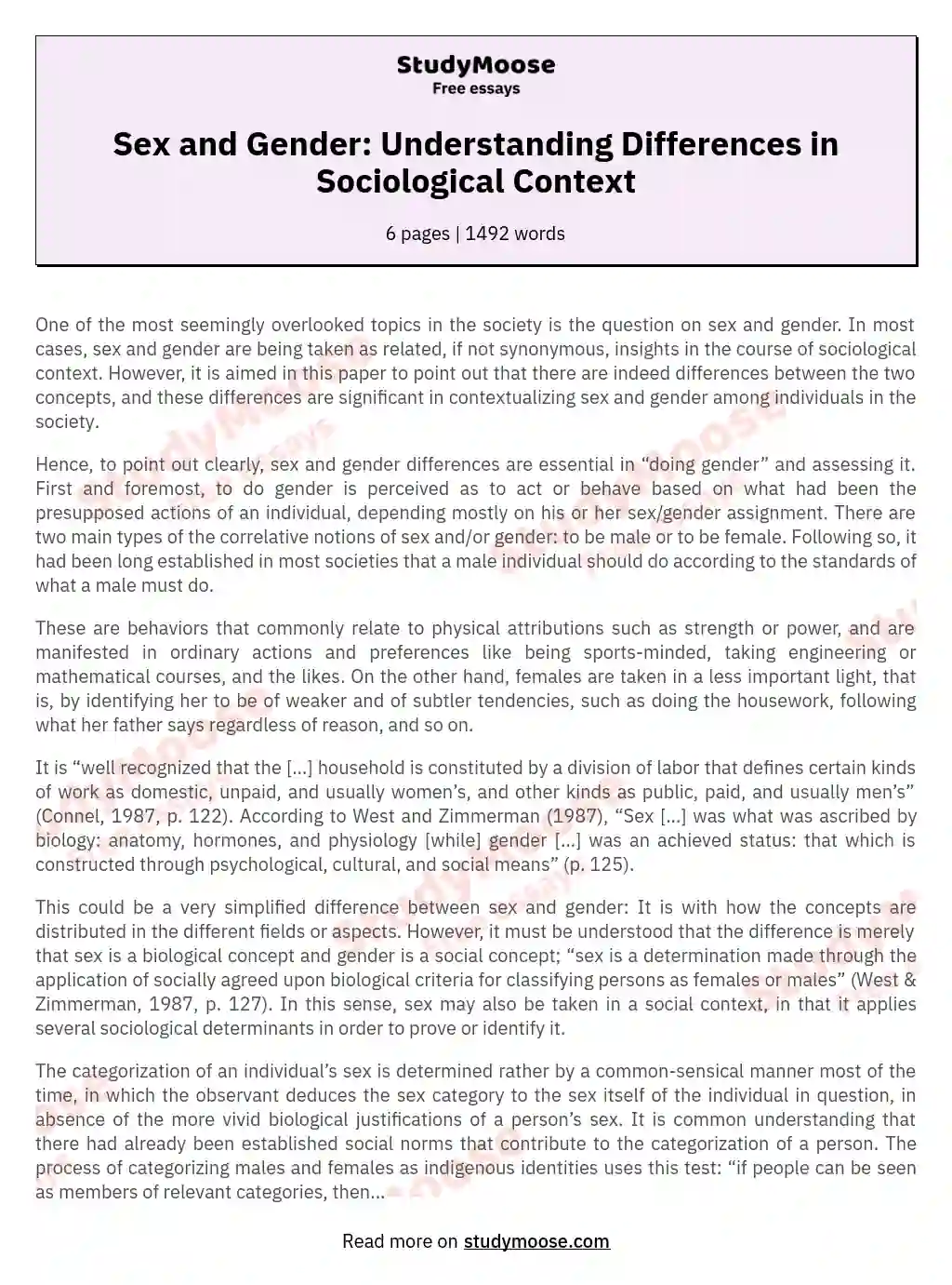 Sex and Gender: Understanding Differences in Sociological Context essay