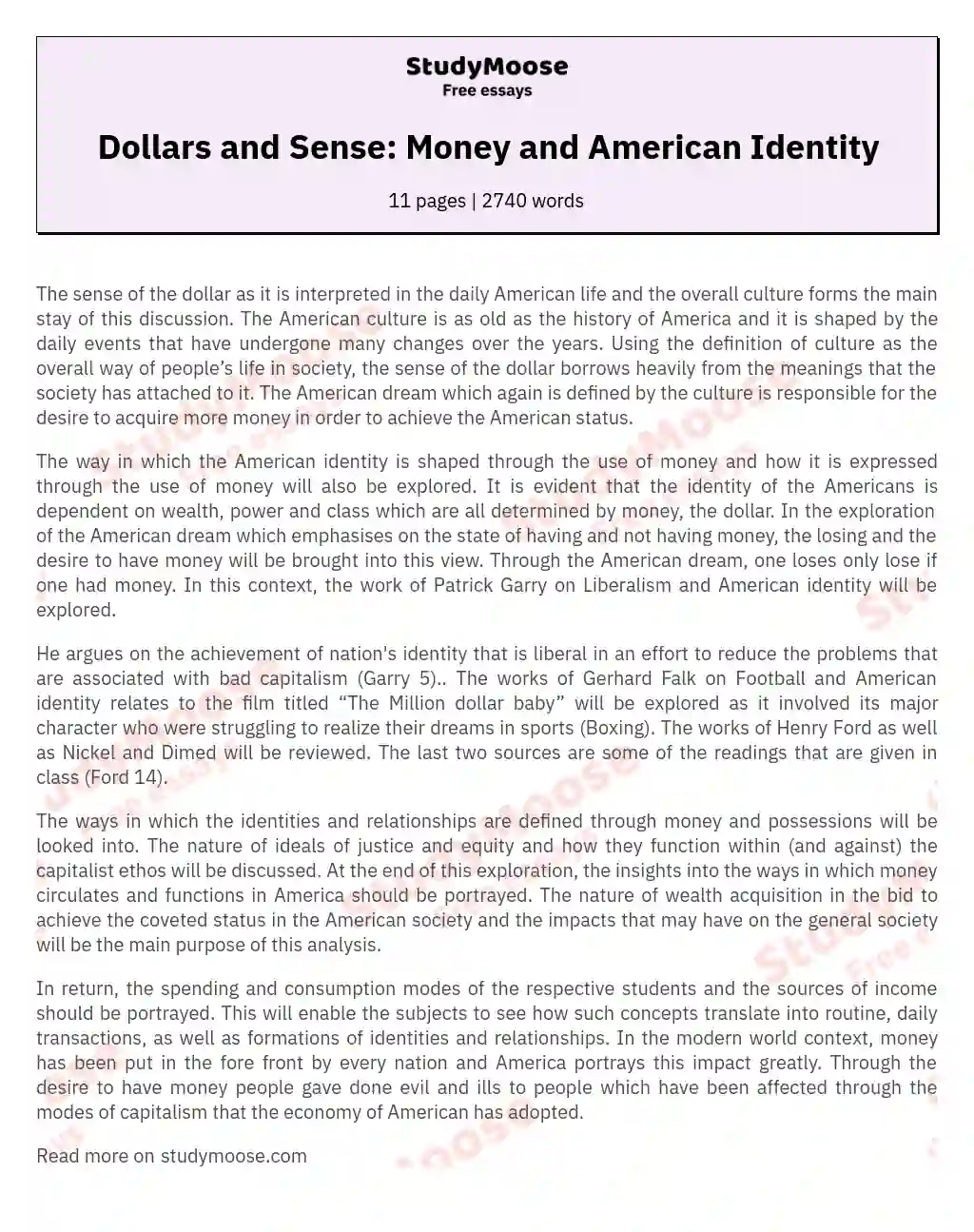Dollars and Sense: Money and American Identity essay