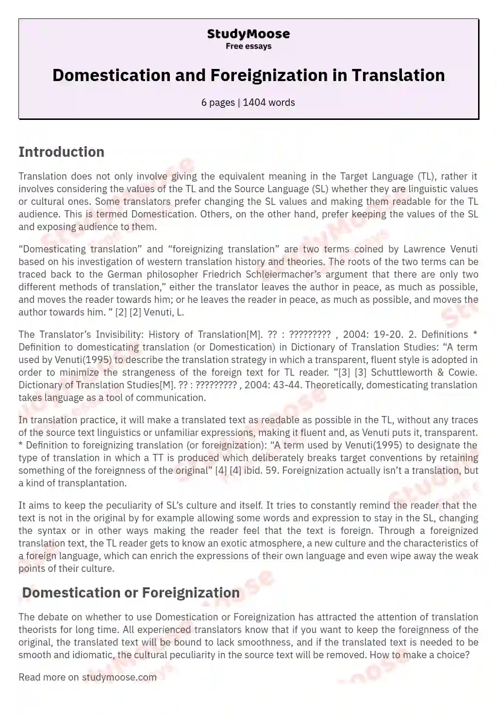Domestication and Foreignization in Translation essay