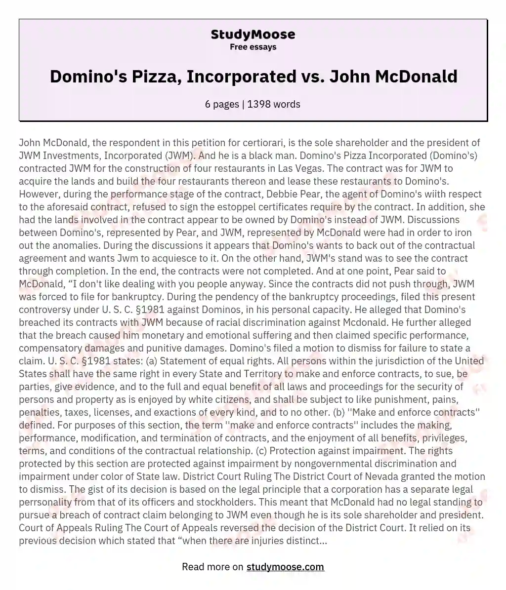 Domino's Pizza, Incorporated vs. John McDonald essay