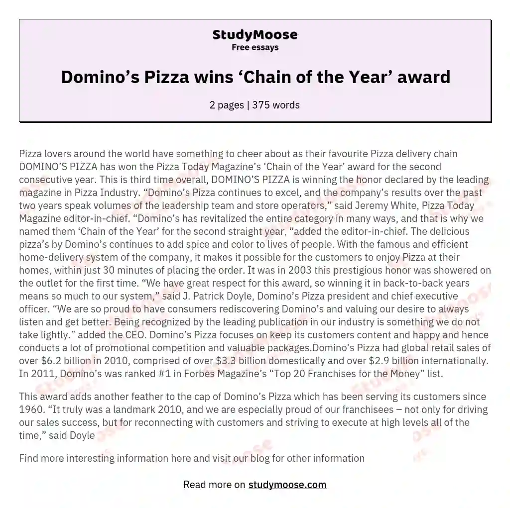 Domino’s Pizza wins ‘Chain of the Year’ award essay