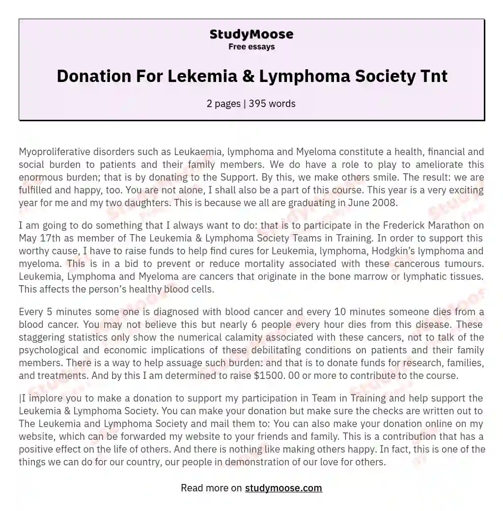 Donation For Lekemia &amp; Lymphoma Society Tnt essay