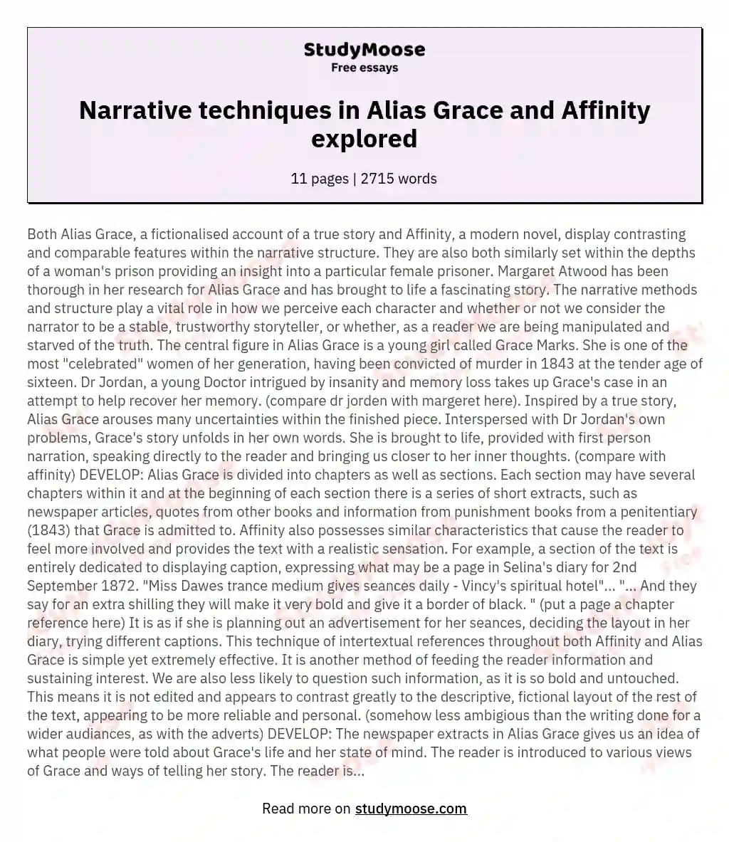 Narrative techniques in Alias Grace and Affinity explored essay