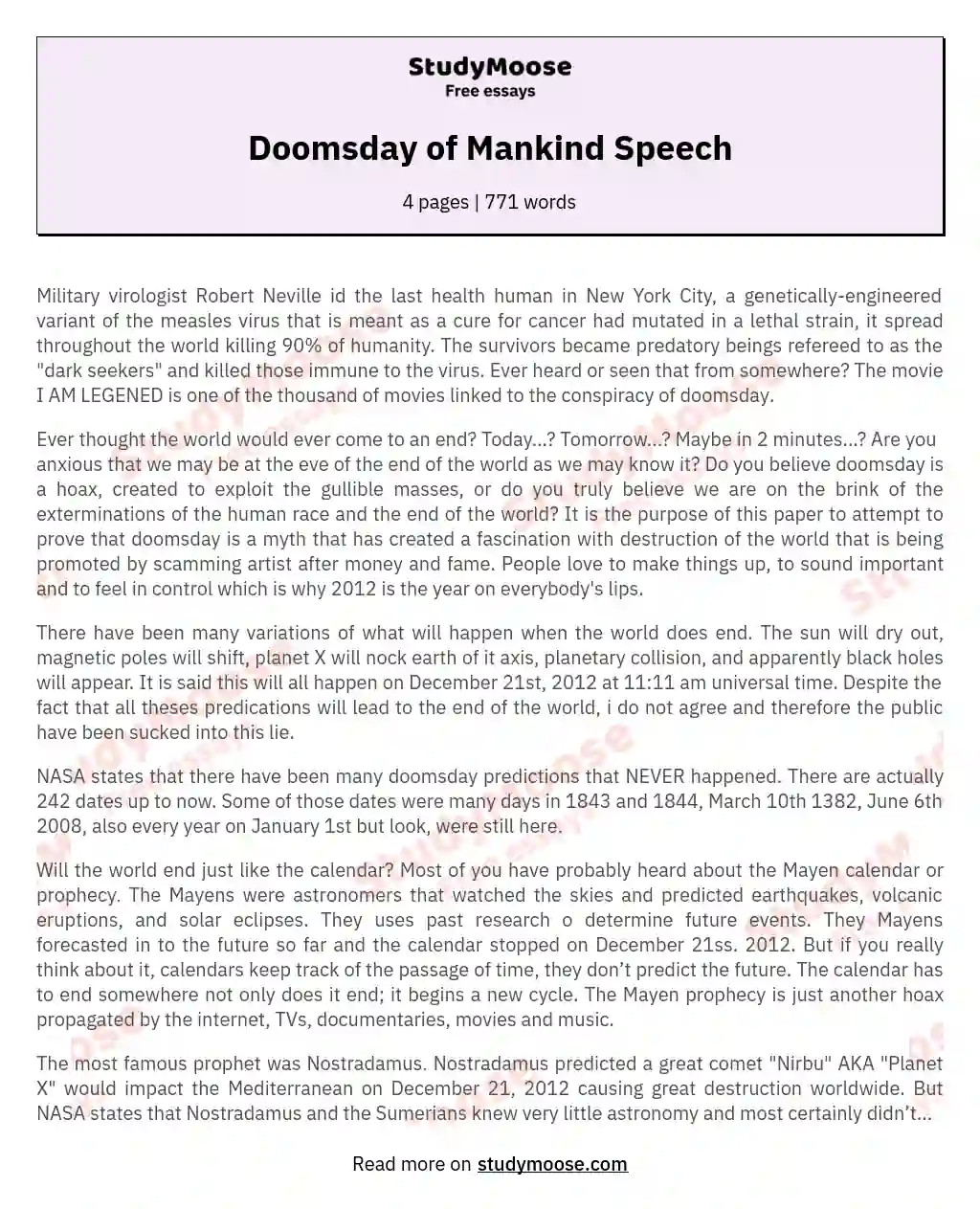 Doomsday of Mankind Speech essay