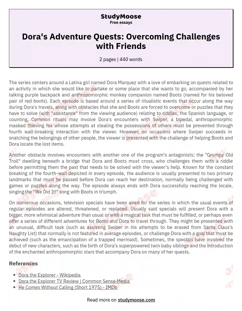 Dora's Adventure Quests: Overcoming Challenges with Friends Free Essay  Example