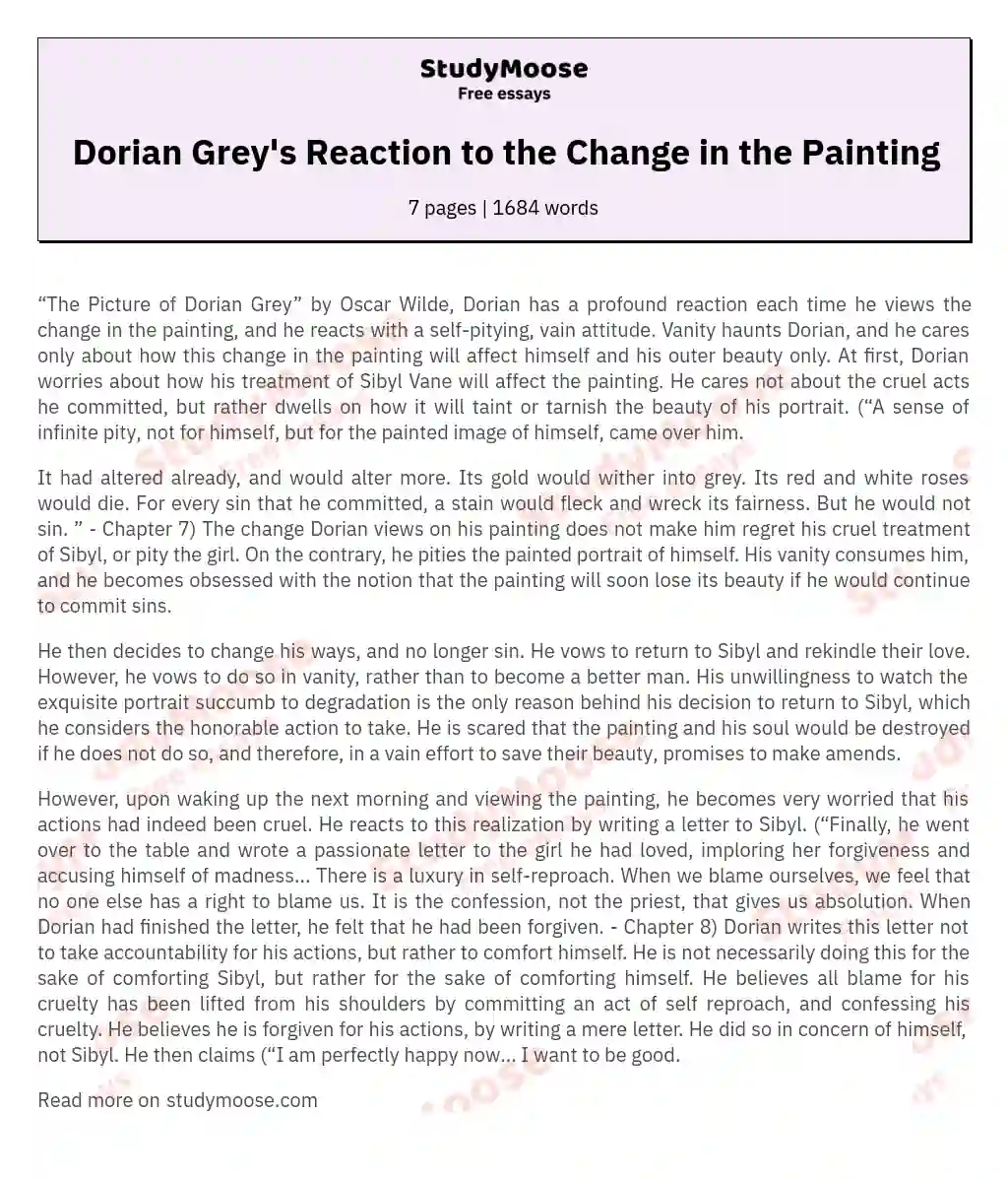 Dorian Grey's Reaction to the Change in the Painting essay