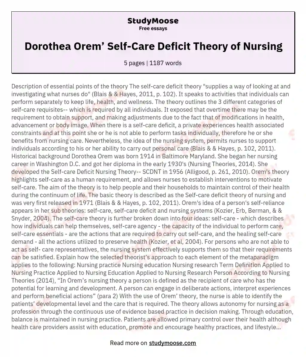 Dorothea Orem’ Self-Care Deficit Theory of Nursing