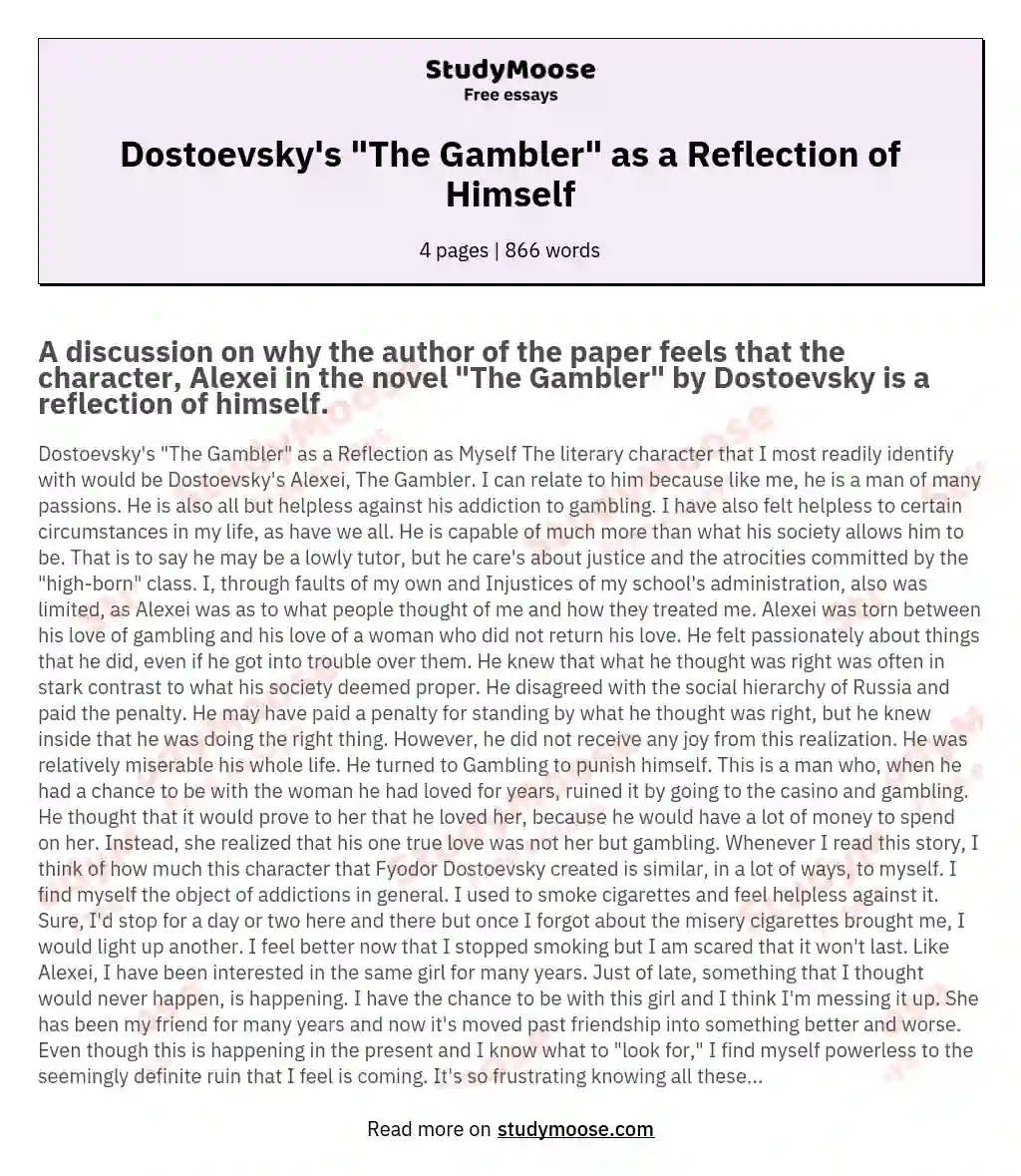 Dostoevsky's "The Gambler" as a Reflection of Himself essay