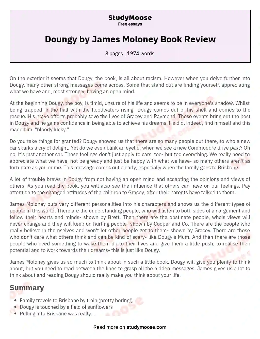 Doungy by James Moloney Book Review essay