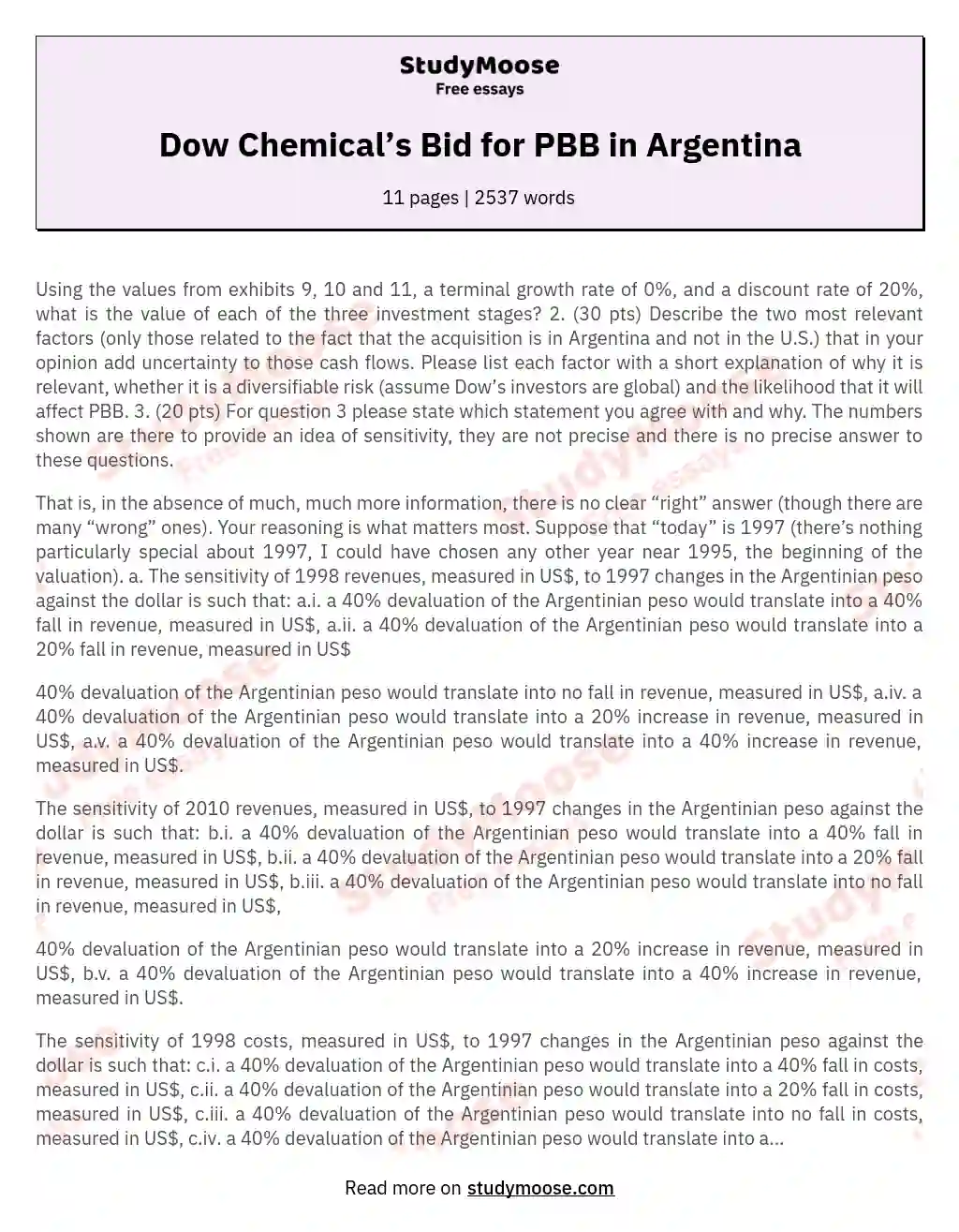 Dow Chemical’s Bid for PBB in Argentina essay