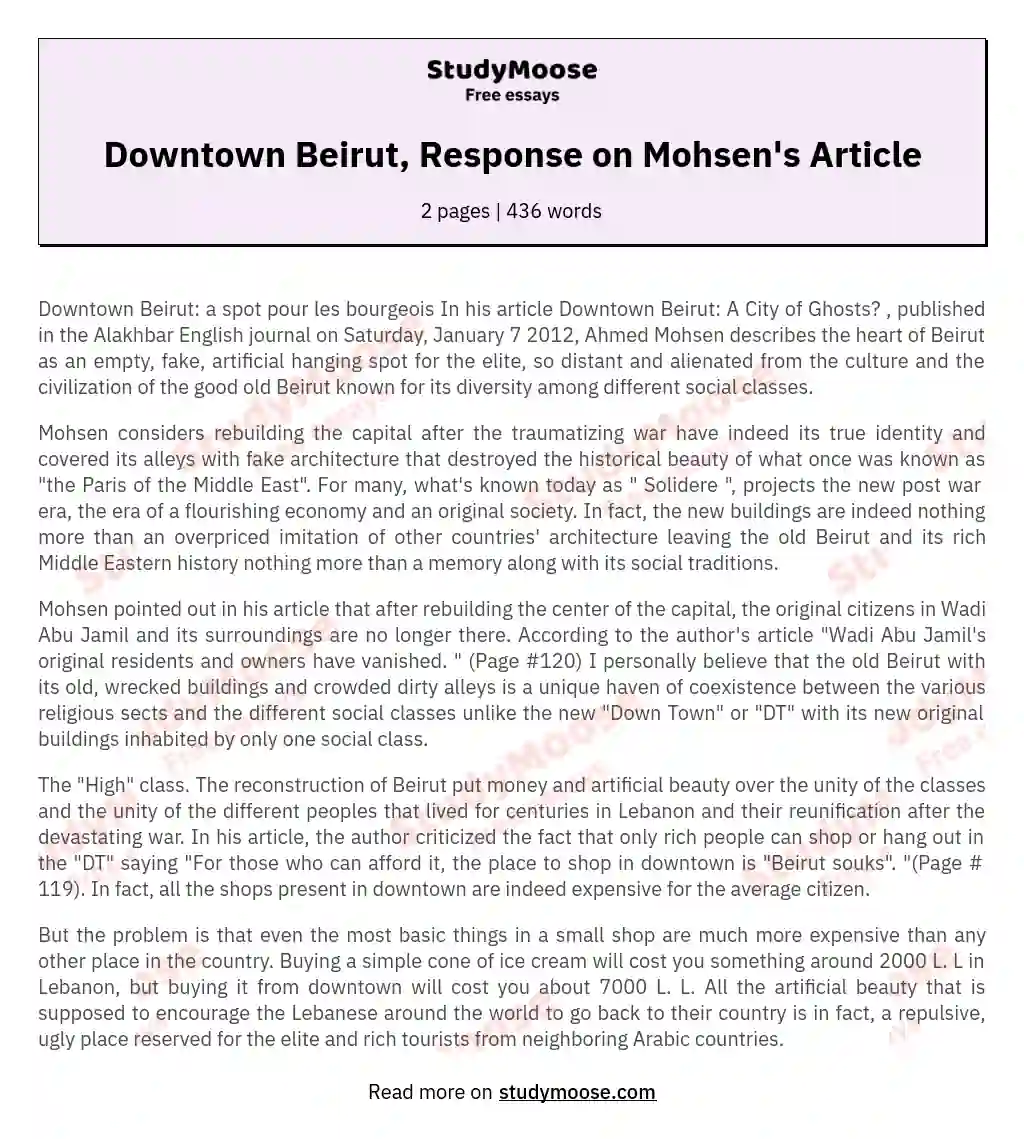 Downtown Beirut, Response on Mohsen's Article