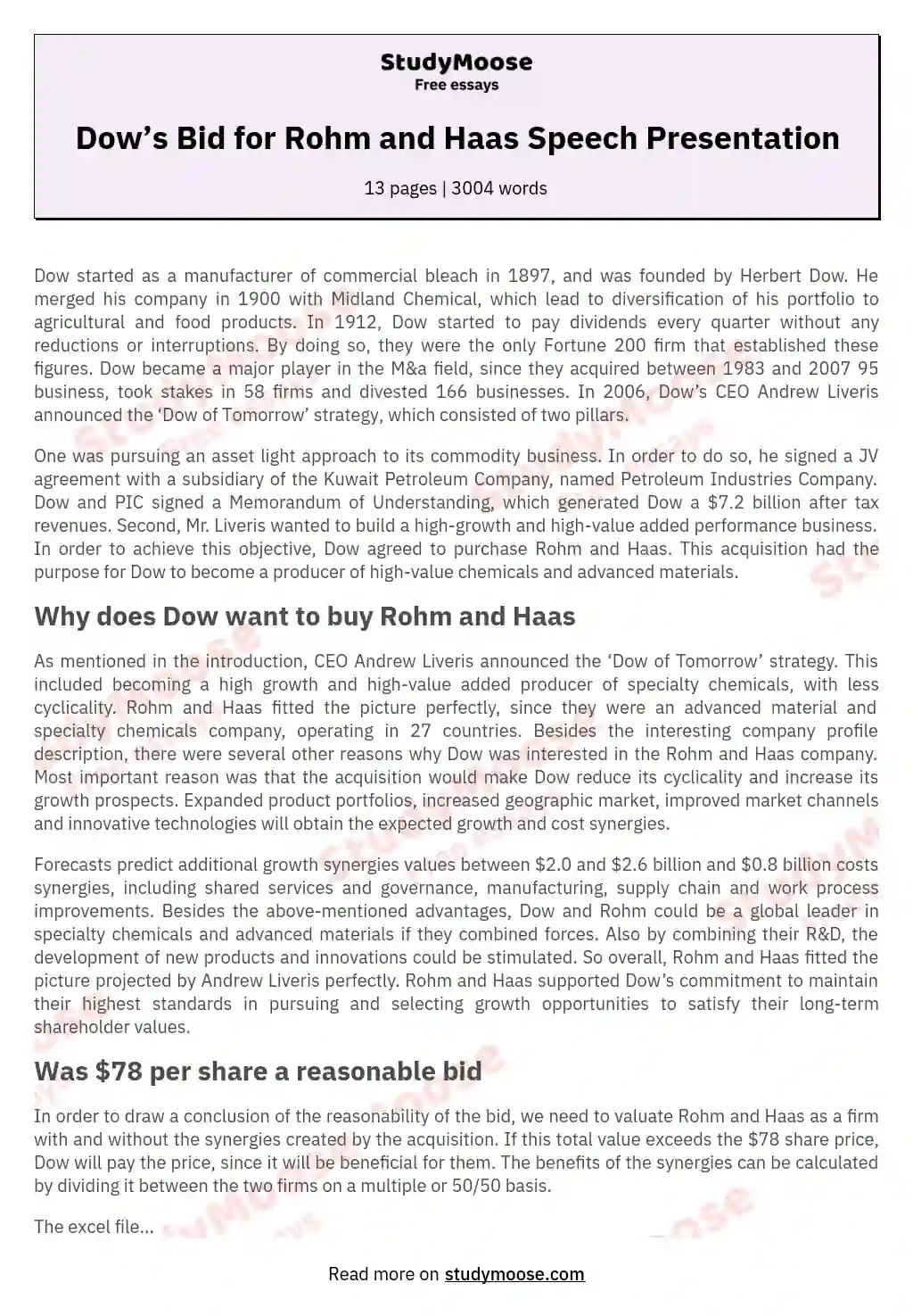 Dow’s Bid for Rohm and Haas Speech Presentation essay