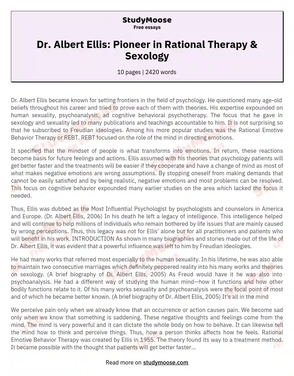 Dr. Albert Ellis: Pioneer in Rational Therapy & Sexology essay
