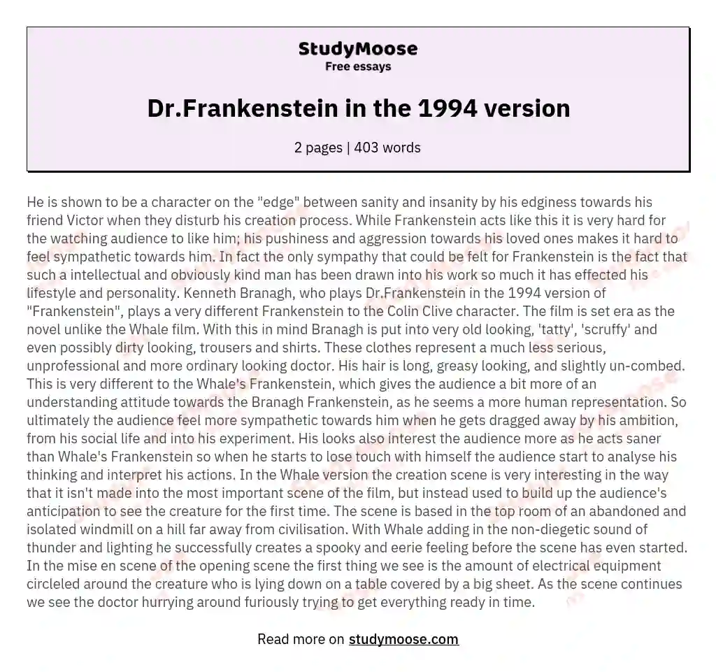 Dr.Frankenstein in the 1994 version essay