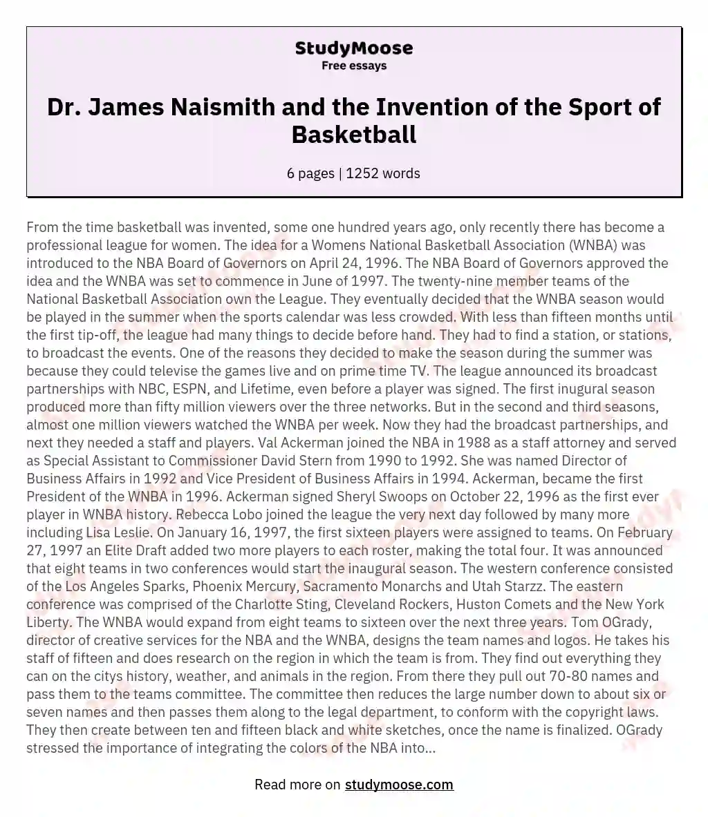Dr. James Naismith and the Invention of the Sport of Basketball essay