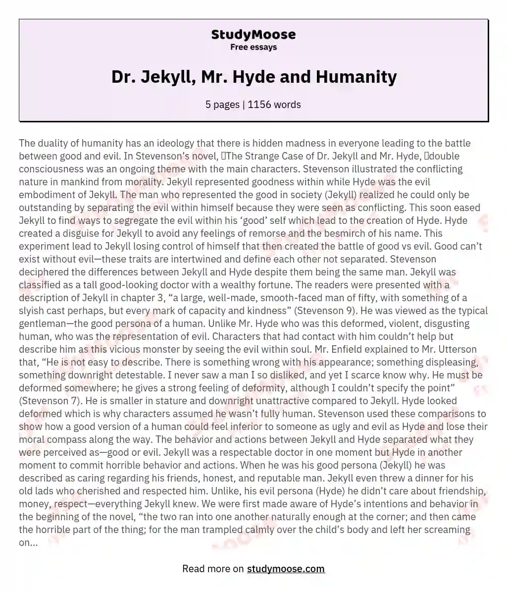Dr. Jekyll, Mr. Hyde and Humanity essay