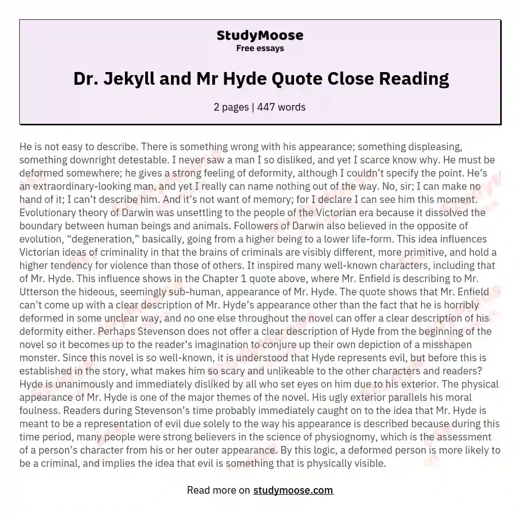 Dr. Jekyll and Mr Hyde Quote Close Reading essay