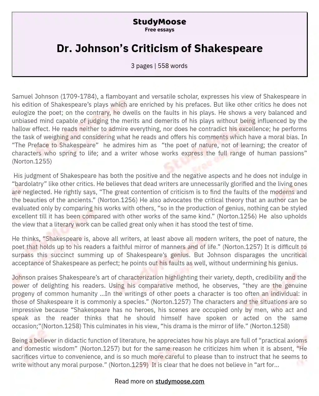 Dr. Johnson’s Criticism of Shakespeare essay