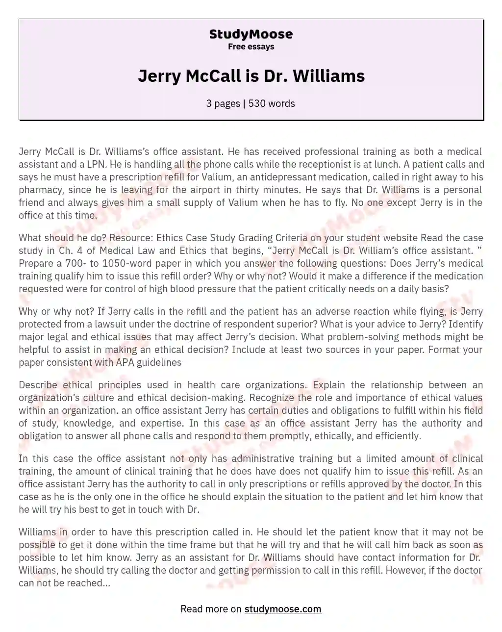 Jerry McCall is Dr. Williams essay