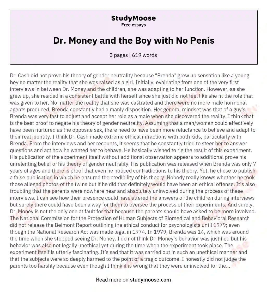 Dr. Money and the Boy with No Penis essay