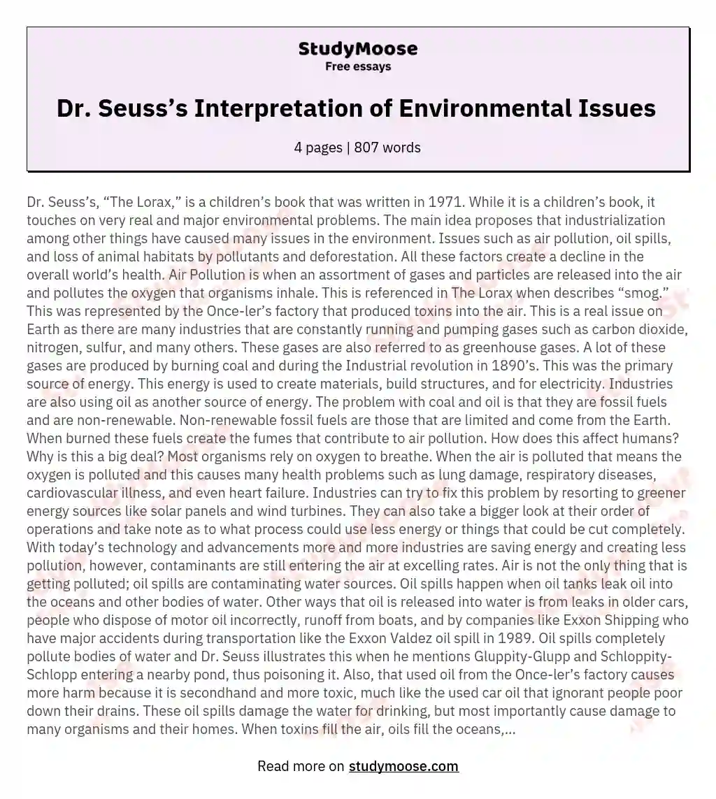 Dr. Seuss’s Interpretation of Environmental Issues  essay