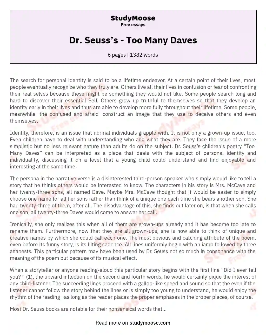 Dr. Seuss’s  - Too Many Daves essay