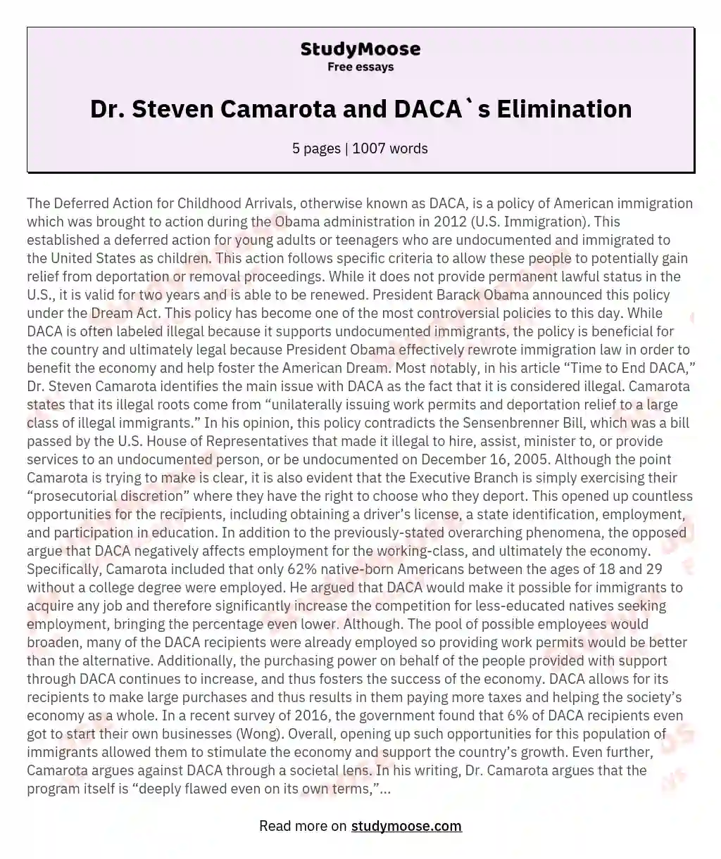 Dr. Steven Camarota and DACA`s Elimination essay