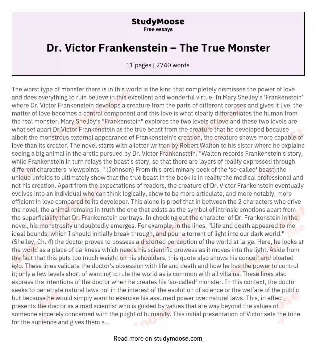 Dr. Victor Frankenstein – The True Monster essay