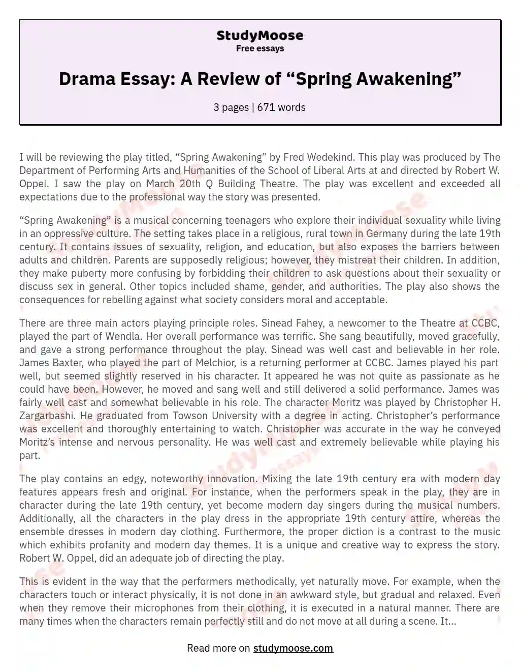 Drama Essay: A Review of “Spring Awakening” essay
