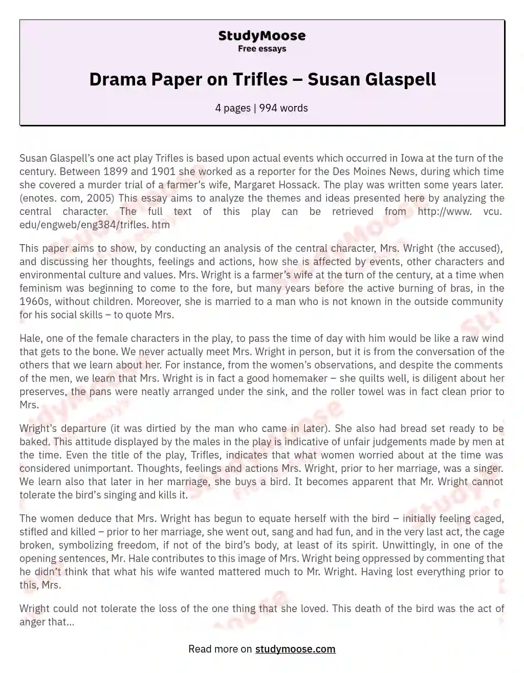 Drama Paper on Trifles – Susan Glaspell essay
