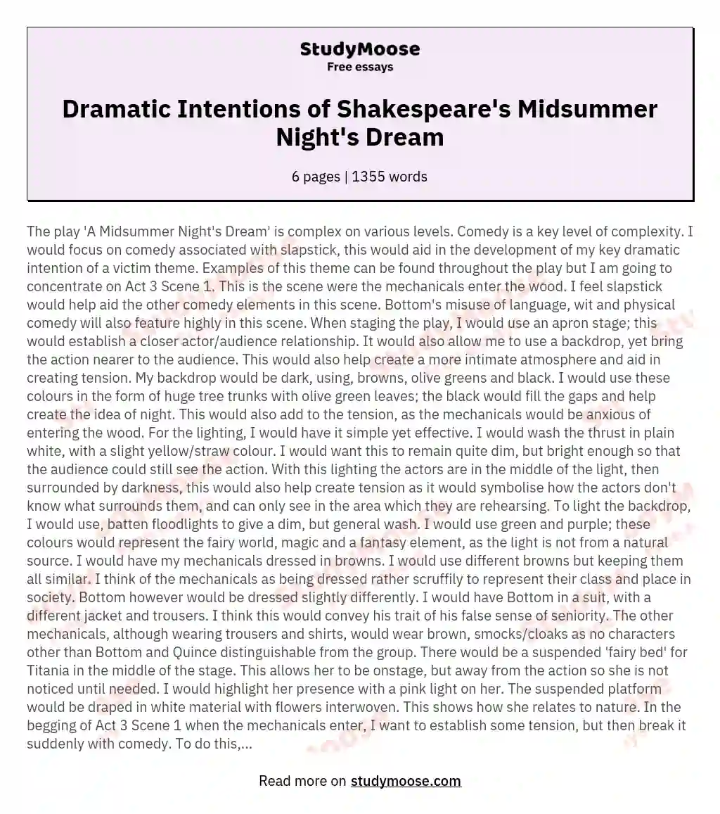 Dramatic Intentions of Shakespeare's Midsummer Night's Dream
