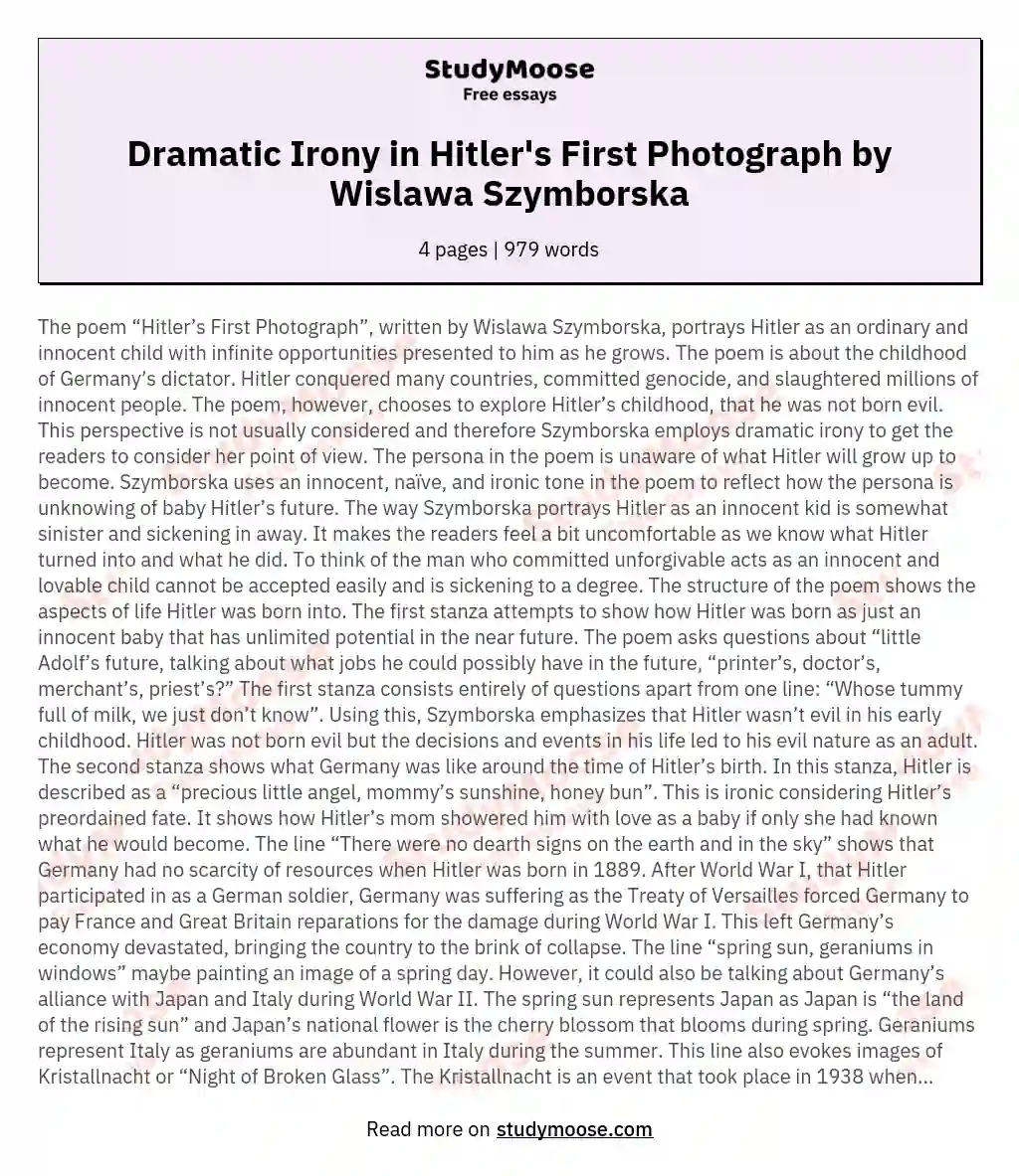 Dramatic Irony in Hitler's First Photograph by Wislawa Szymborska essay
