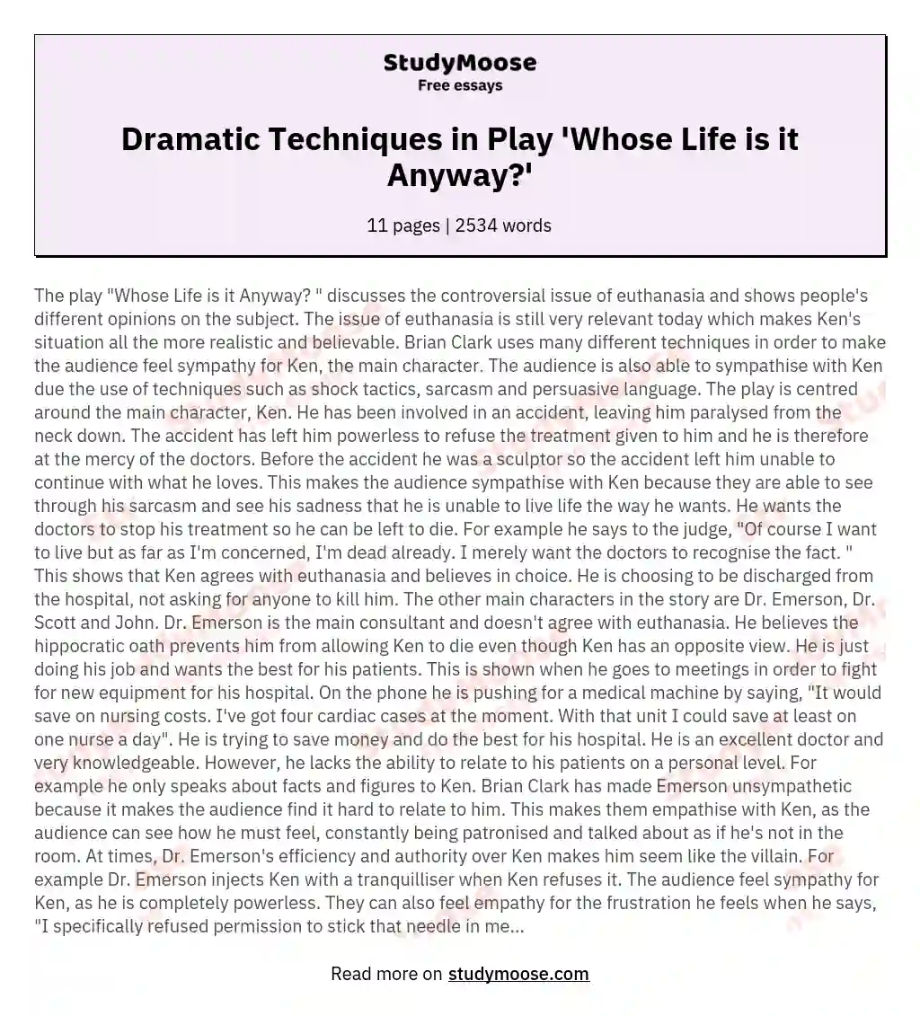 Dramatic Techniques in Play 'Whose Life is it Anyway?' essay
