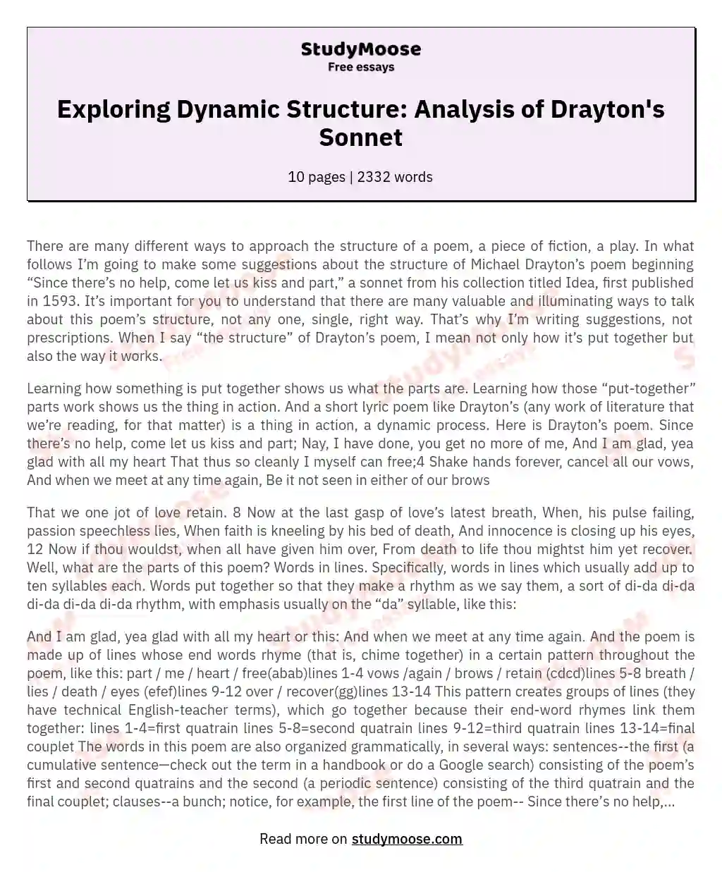 Exploring Dynamic Structure: Analysis of Drayton's Sonnet essay