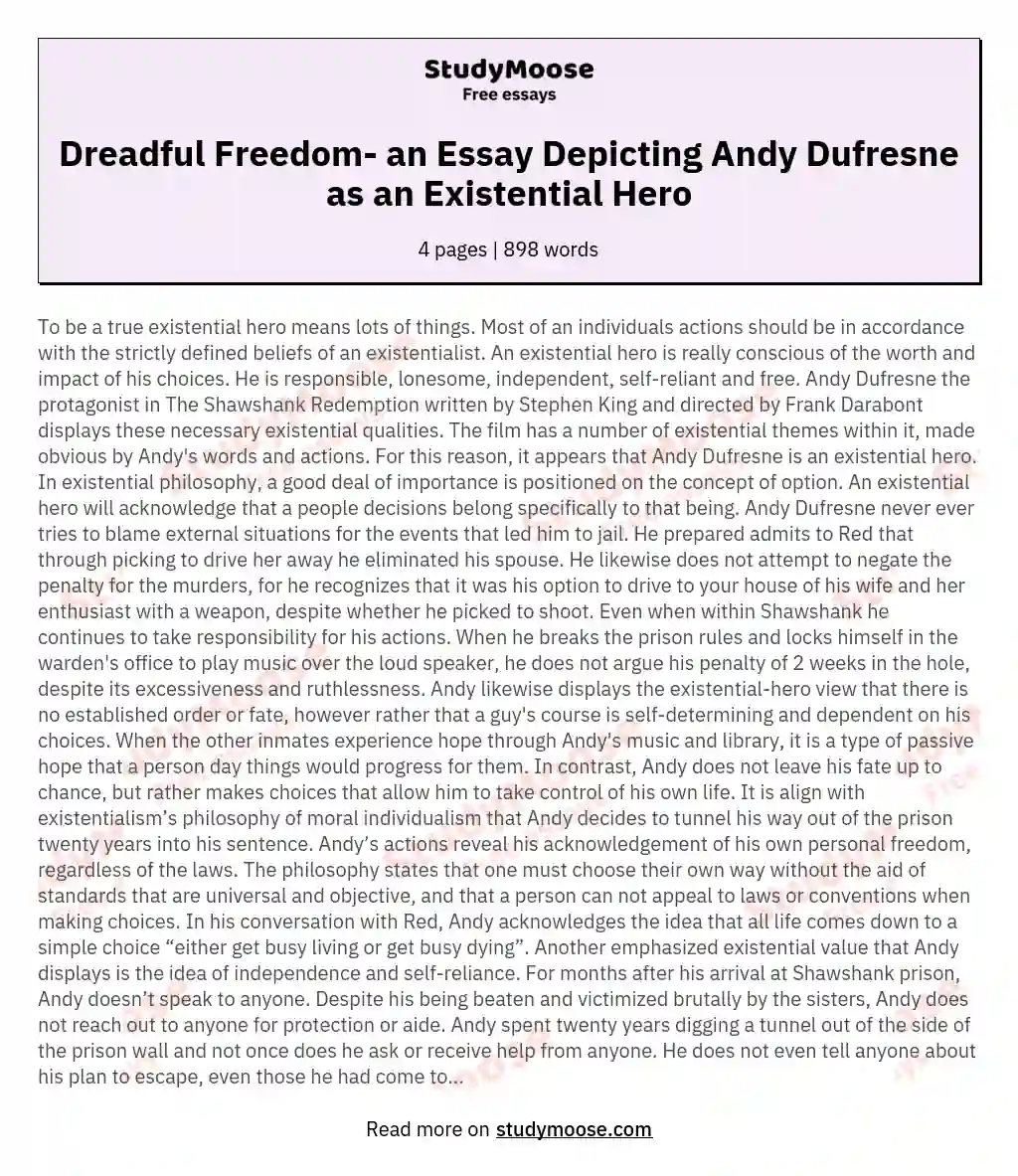 Dreadful Freedom- an Essay Depicting Andy Dufresne as an Existential Hero