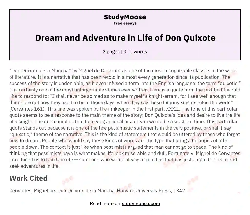 Dream and Adventure in Life of Don Quixote