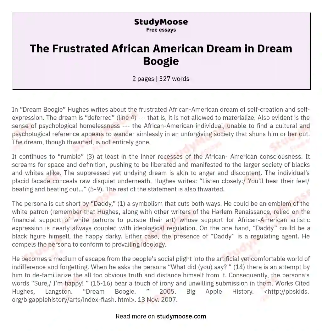 The Frustrated African American Dream in Dream Boogie essay