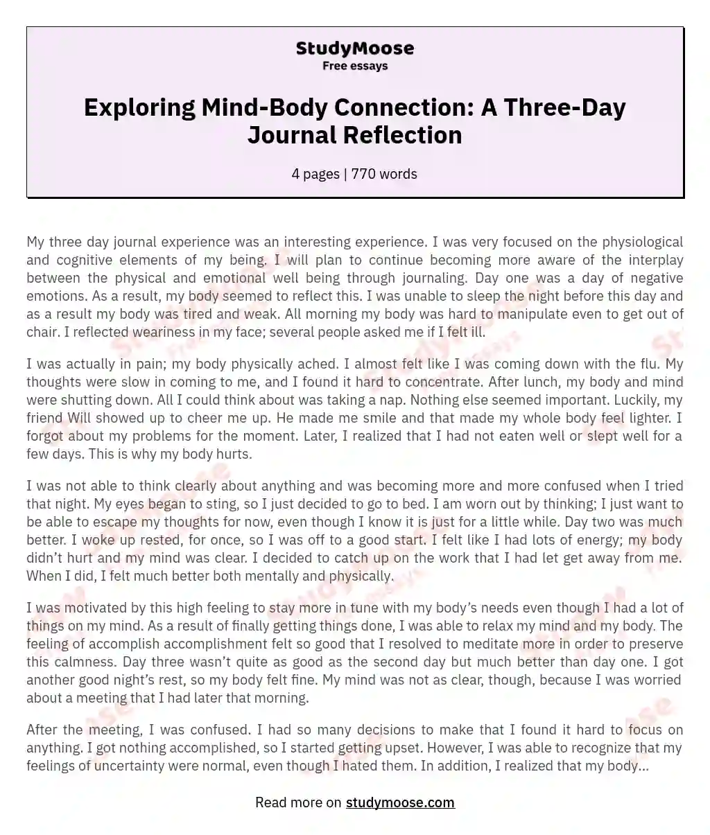 Exploring Mind-Body Connection: A Three-Day Journal Reflection essay