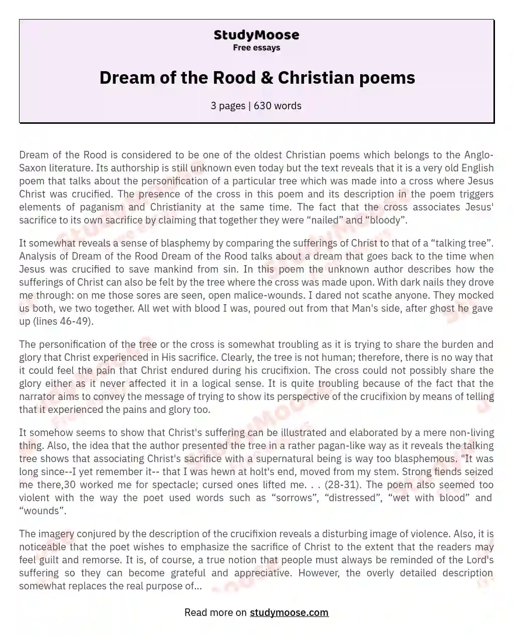 Dream of the Rood &amp; Christian poems essay