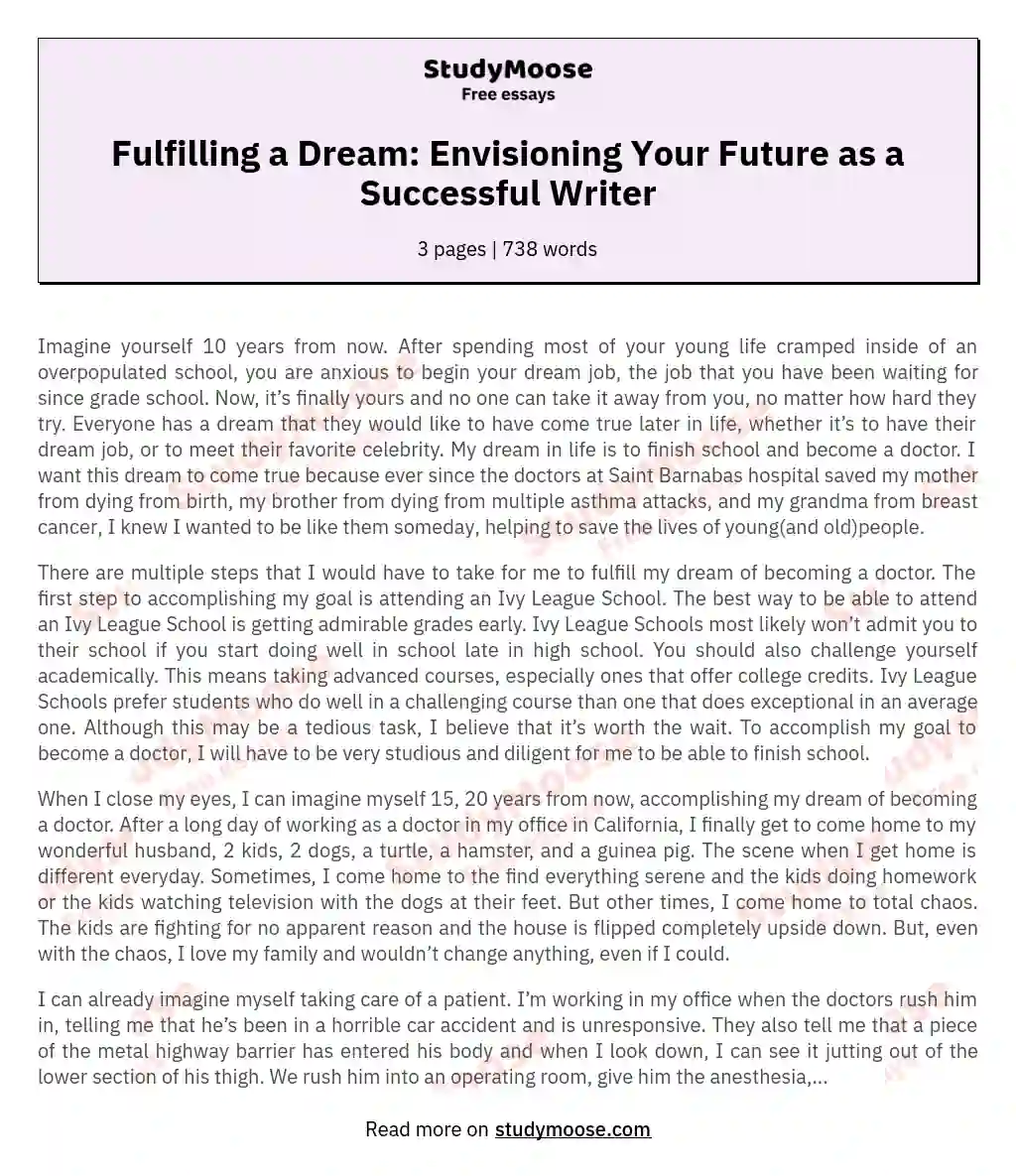 Fulfilling a Dream: Envisioning Your Future as a Successful Writer essay