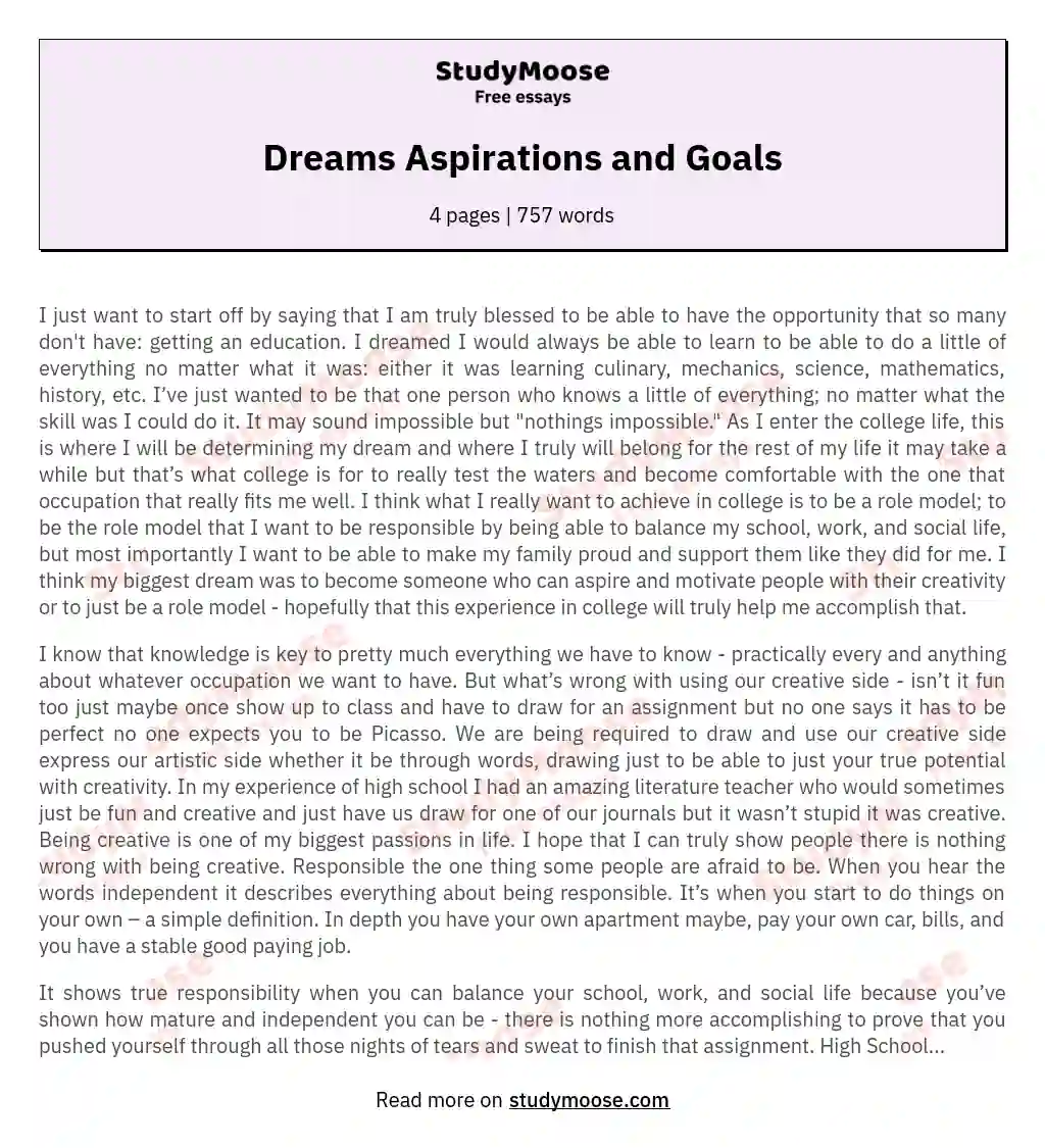 Dreams Aspirations and Goals essay