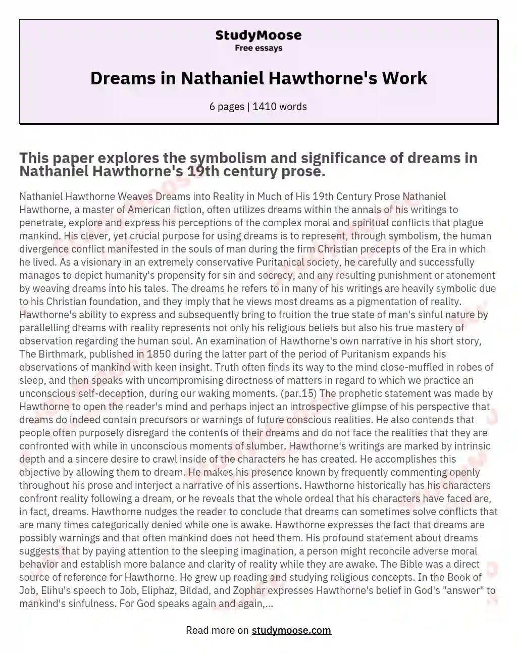 Dreams in Nathaniel Hawthorne's Work essay