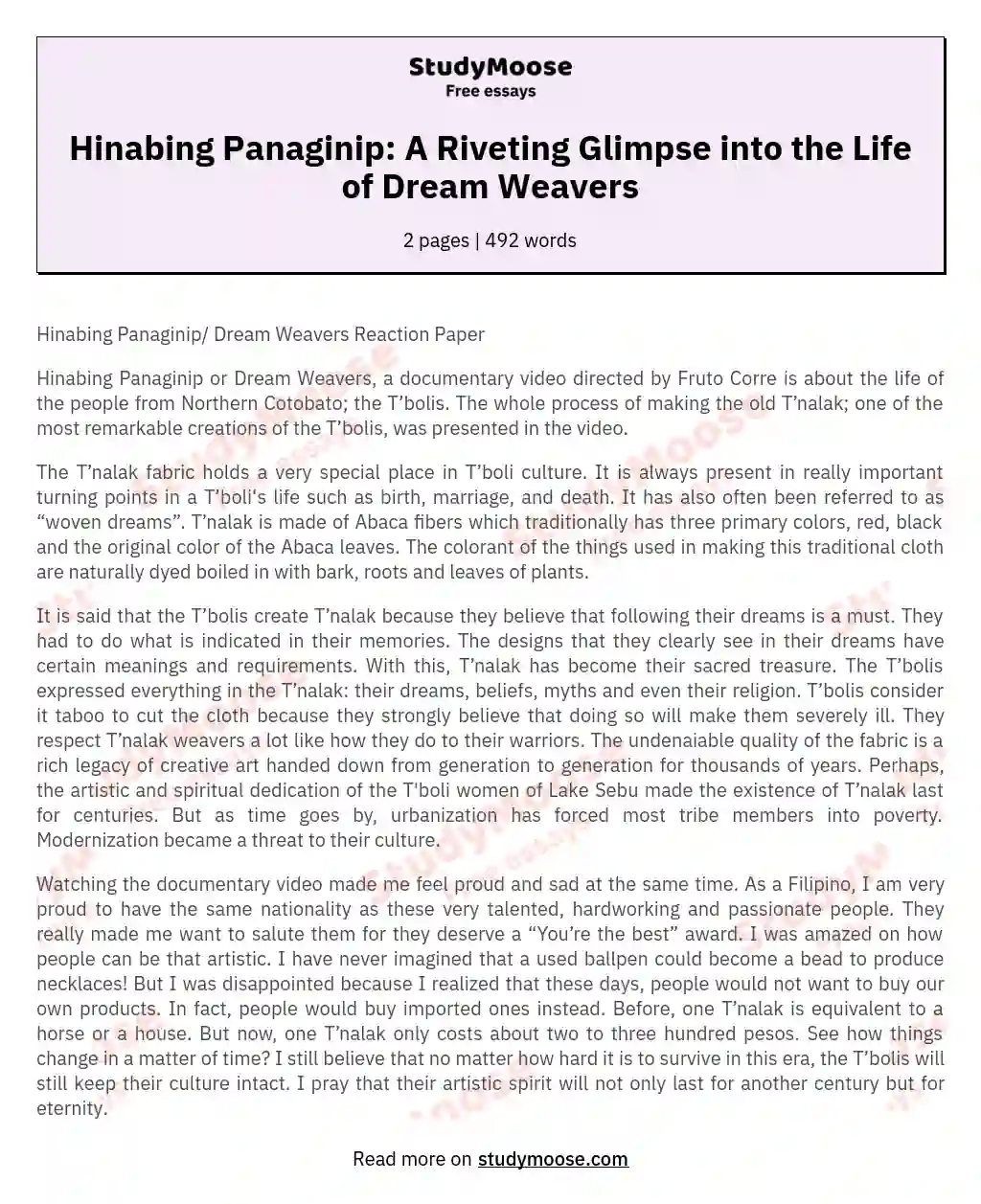 Hinabing Panaginip: A Riveting Glimpse into the Life of Dream Weavers essay