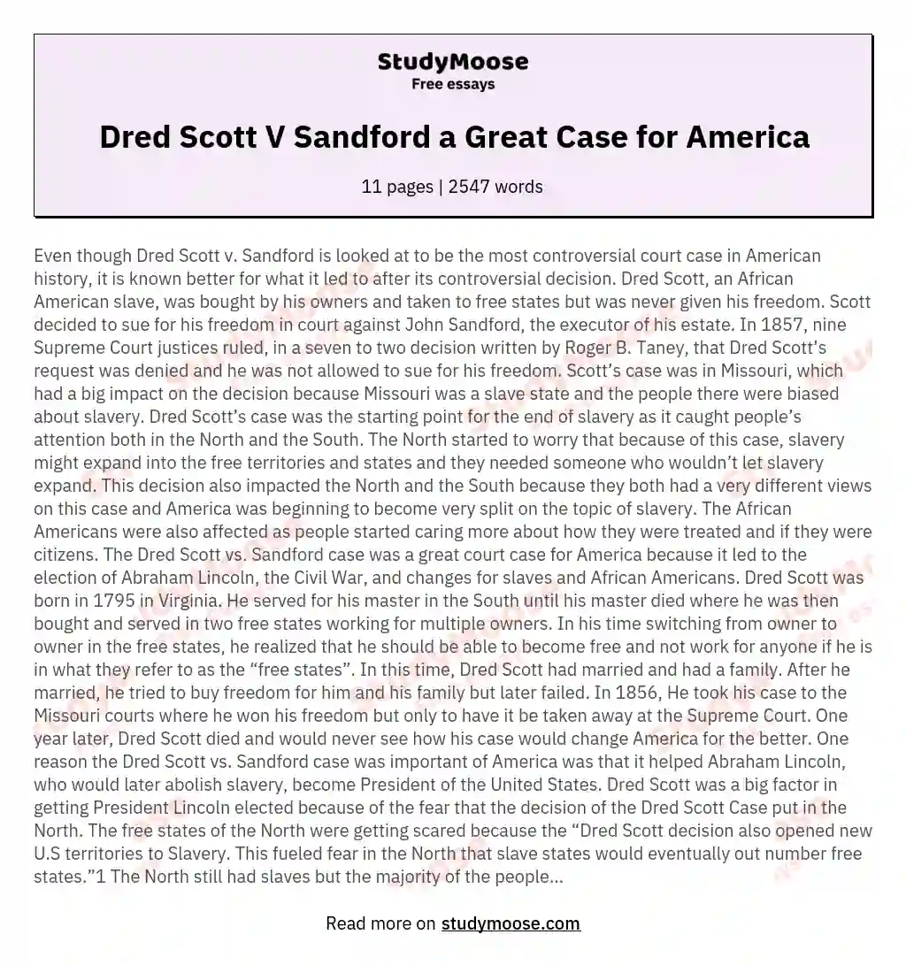 Dred Scott V Sandford a Great Case for America essay