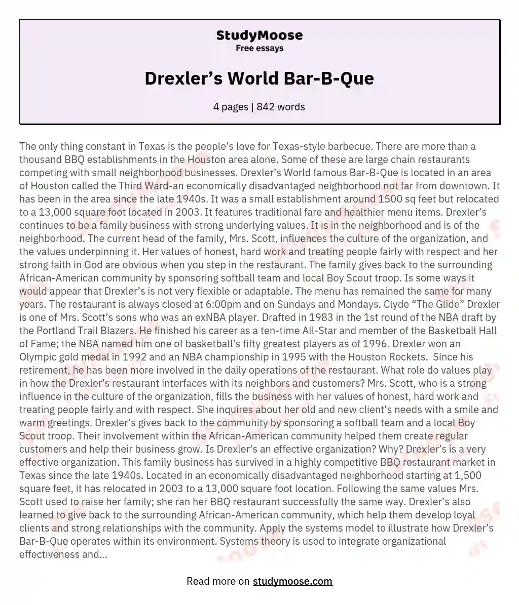 Drexler’s World Bar-B-Que essay