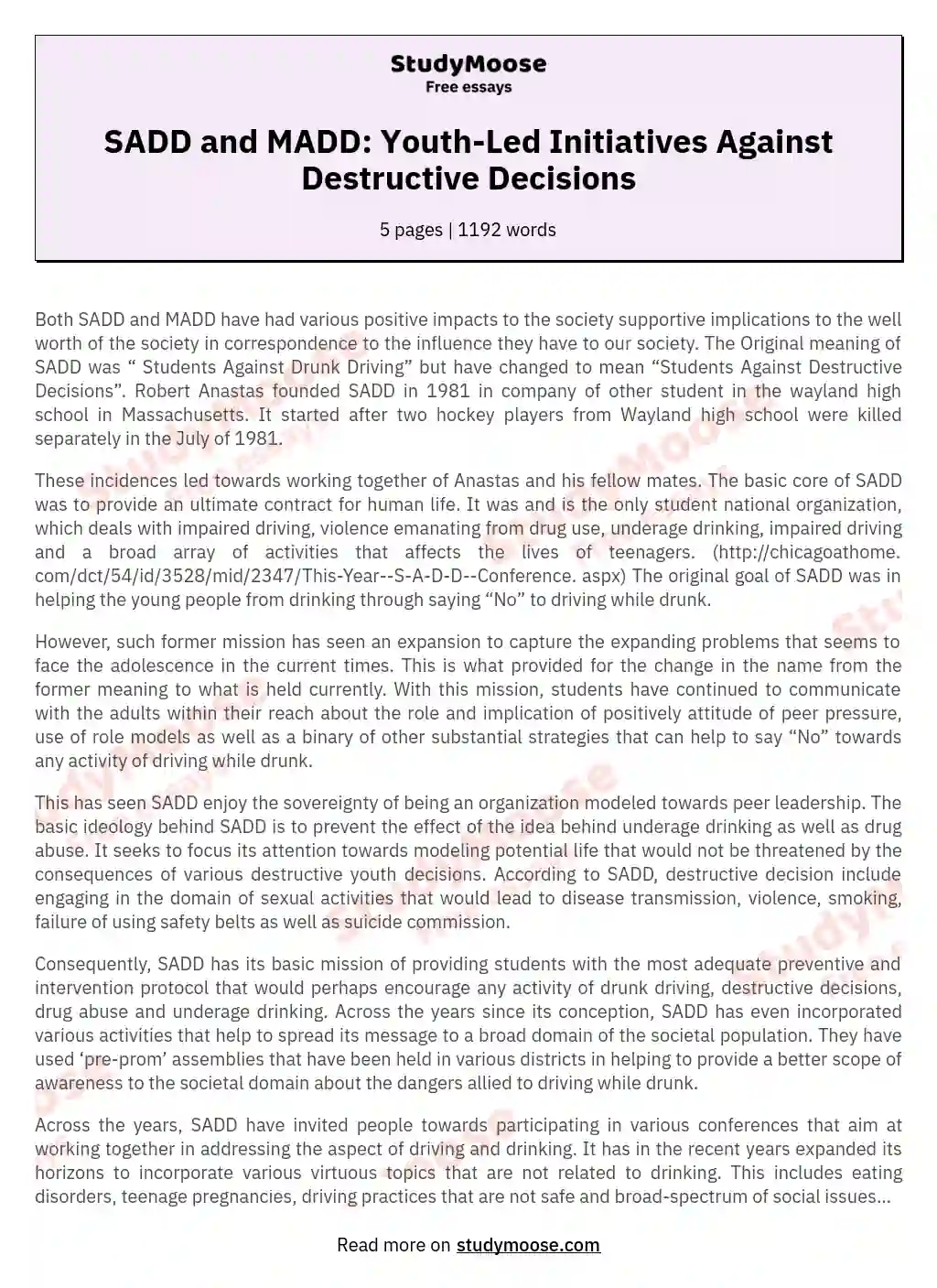 SADD and MADD: Youth-Led Initiatives Against Destructive Decisions essay