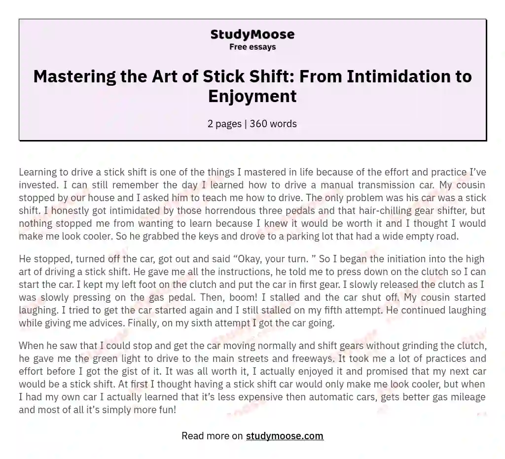 Mastering the Art of Stick Shift: From Intimidation to Enjoyment essay